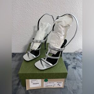Brand New Gucci Slim Horsebit Silver Leather Strappy Heel Sandals Sz 36.5 US 6.5